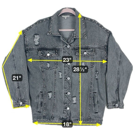 Denim Jean Jacket Womens SZ M Gray Button down Distressed Ripped Silver studs - Picture 3 of 13